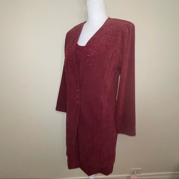 Burgundy Coat Dress With Embroidered Floral Accent - Picture 1 of 16